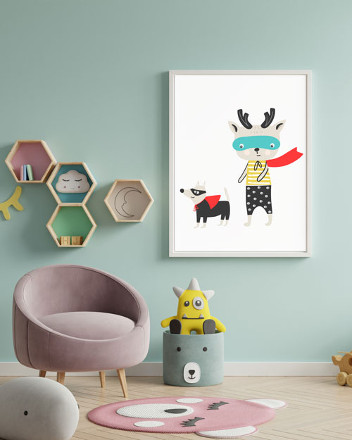 superheroes best friends room with toys deer kid and super dog kids wall art