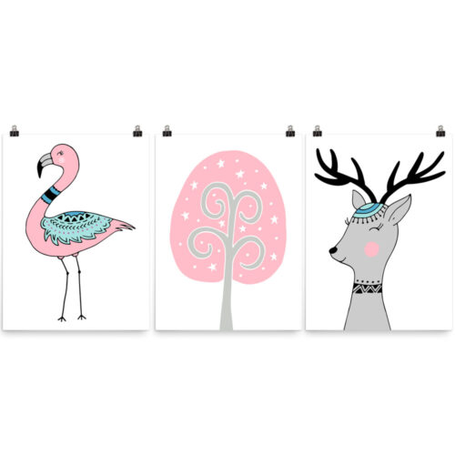 Flora-and-Fauna-wall-art-flamingo-tree-deer-pink