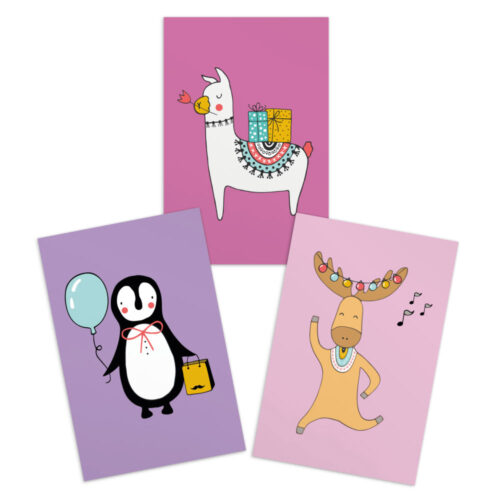 set-postcard-room-decor-penguin-lama-deer-party