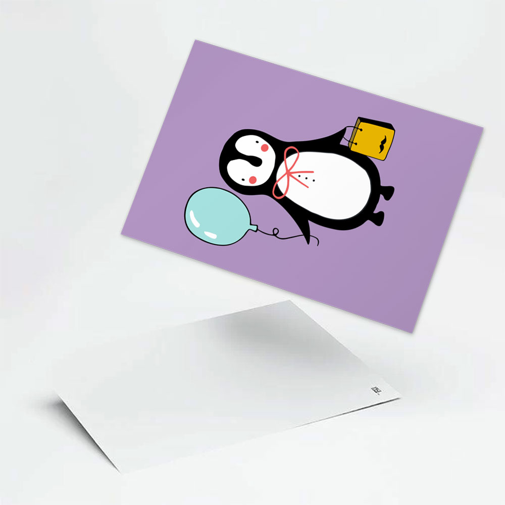 Postcard-penguin-balloon-present postcard penguin balloon present