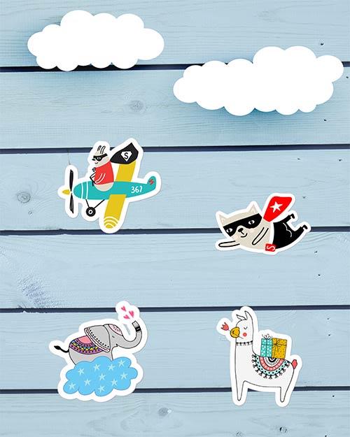 wood wall art full of stickers clouds airplane elephant superhero lama