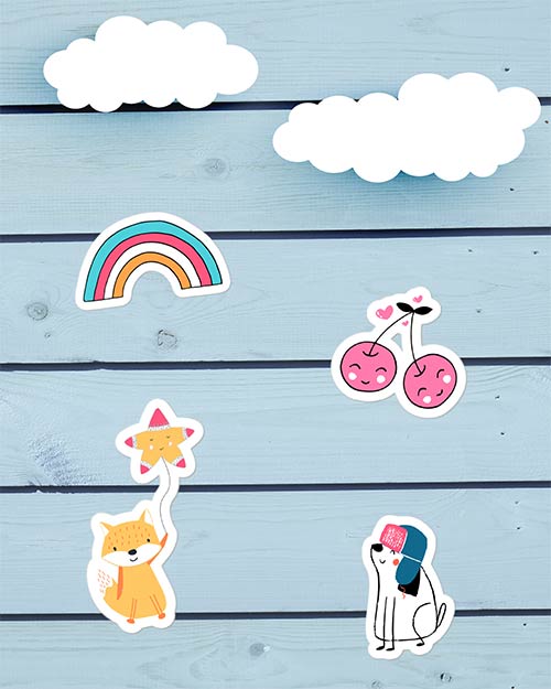 wood wall art full of stickers clouds fox dog cherries rainbow